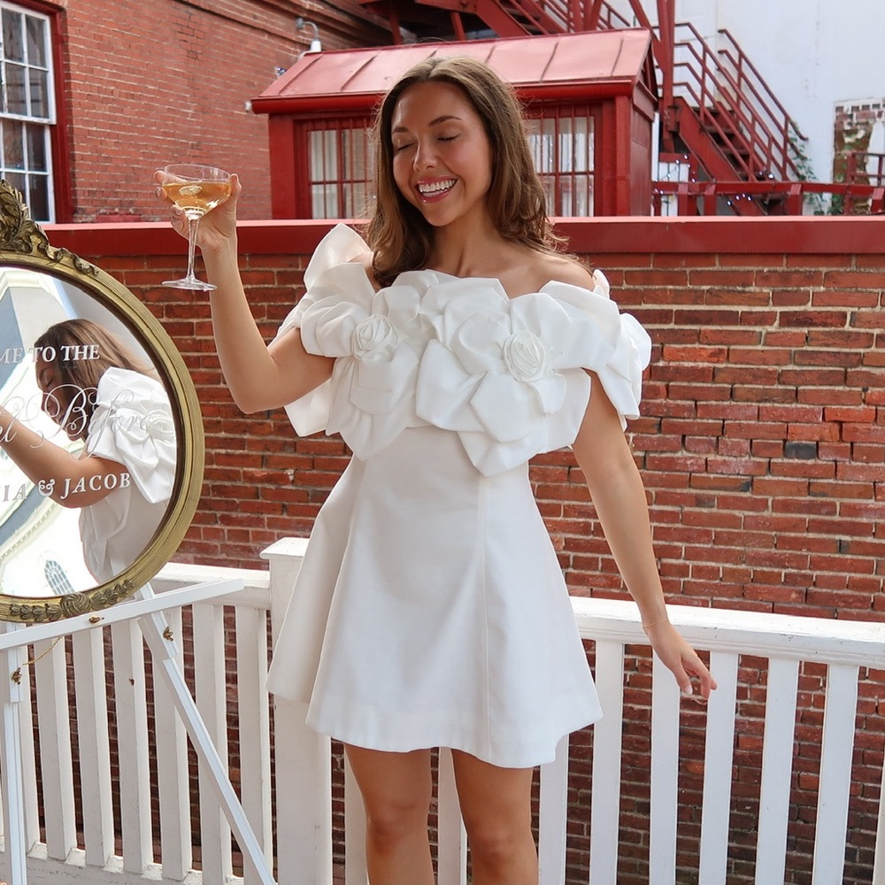 Sierra Darien • White Off-shoulder Mini Dress with Floral Accents